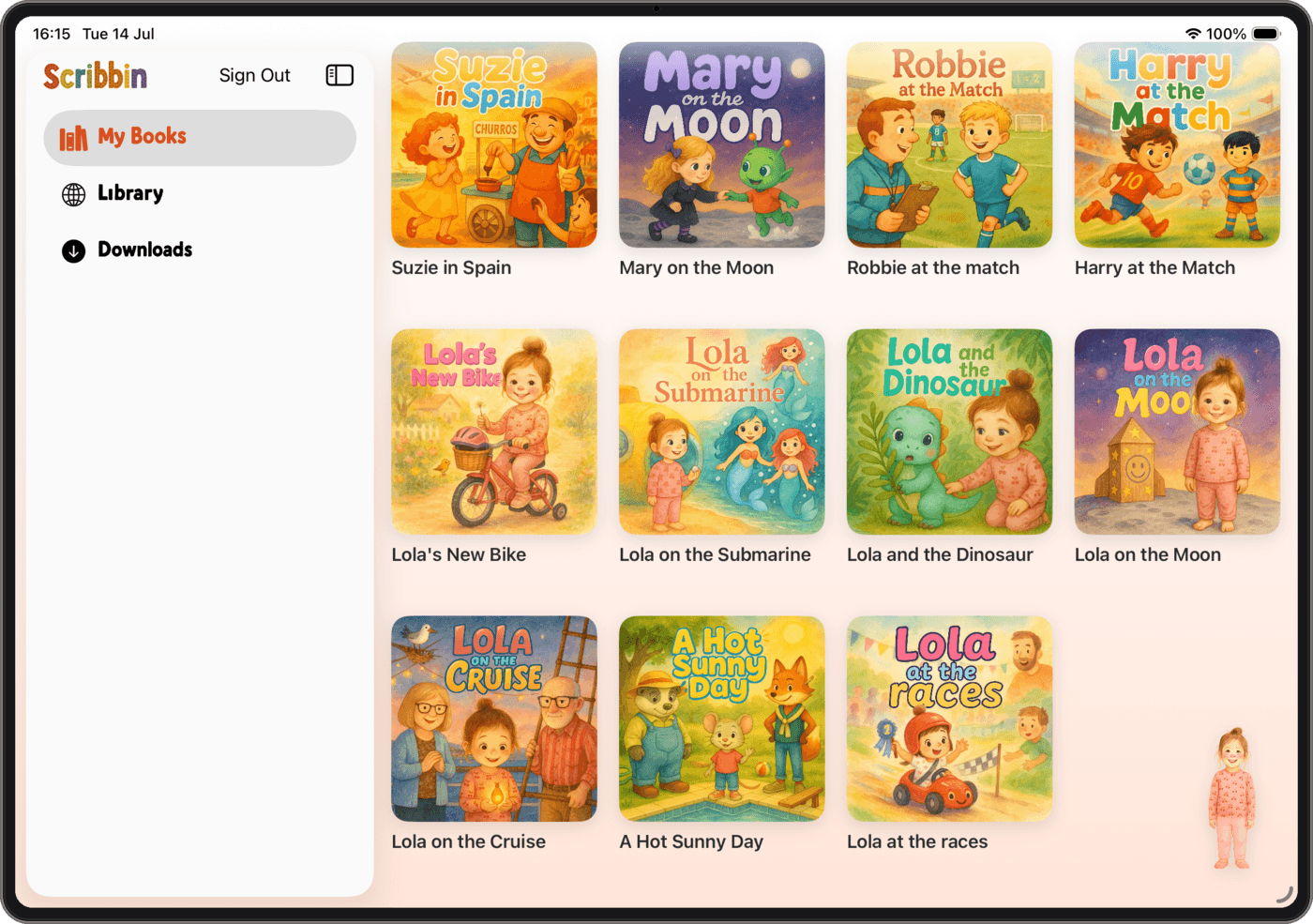 Scribbin reader app on a tablet showing the My Books library