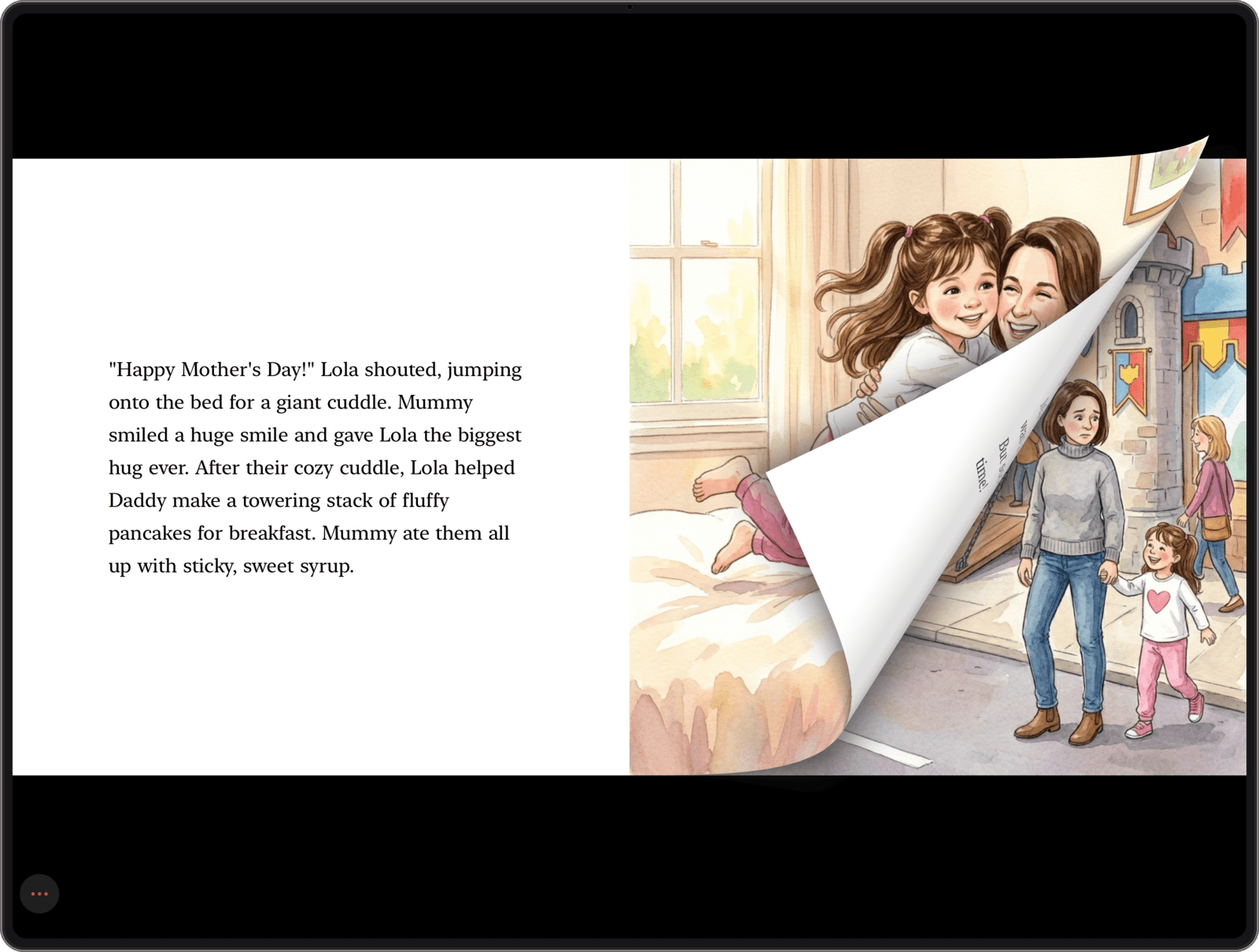 A Scribbin storybook open in the reader app on a tablet, mid page-turn